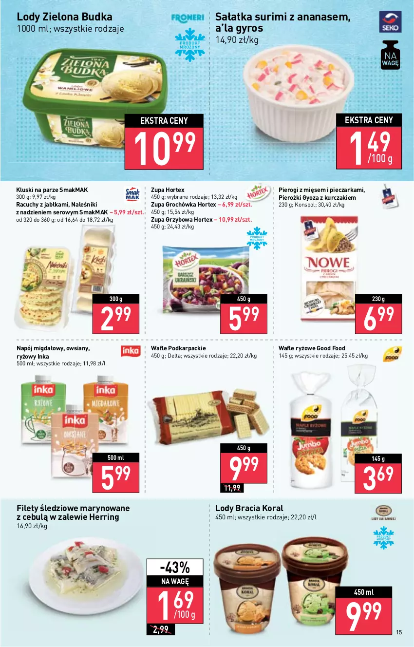 Gazetka promocyjna Stokrotka - Supermarket - ważna 10.11 do 16.11.2022 - strona 15 - produkty: Ananas, Groch, Gyros, Hortex, Inka, Jabłka, Karp, Kluski na parze, Kurczak, Lody, Naleśniki, Napój, Piec, Pieczarka, Pierogi, Ryż, Sałat, Sałatka, Ser, Surimi, Wafle, Zielona Budka, Zupa