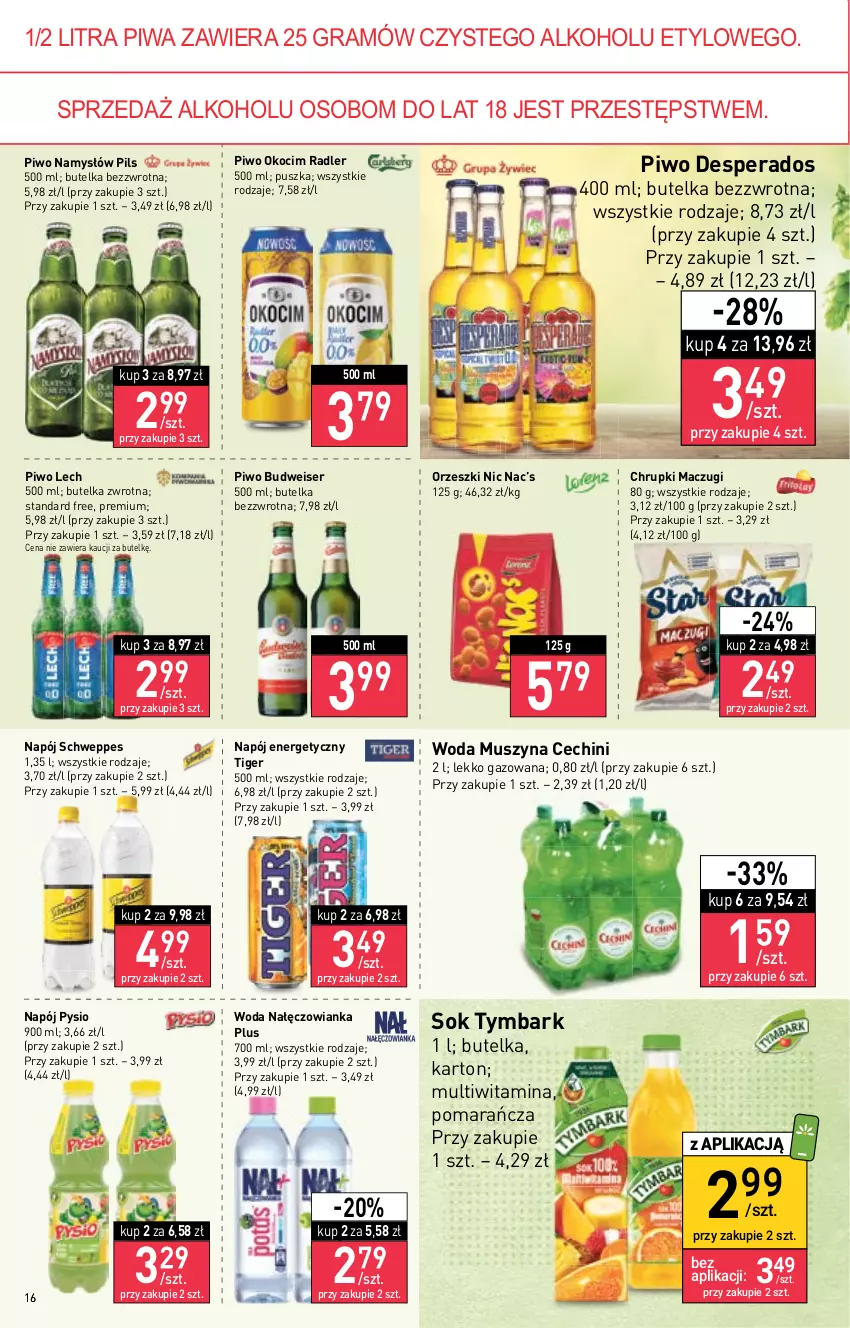 Gazetka promocyjna Stokrotka - Supermarket - ważna 10.11 do 16.11.2022 - strona 16 - produkty: Chrupki, Desperados, Gra, Koc, Mus, Nałęczowianka, Namysłów, Napój, Napój energetyczny, Okocim, Orzeszki, Piwa, Piwo, Radler, Schweppes, Ser, Sok, Szyna, Tiger, Tymbark, Woda