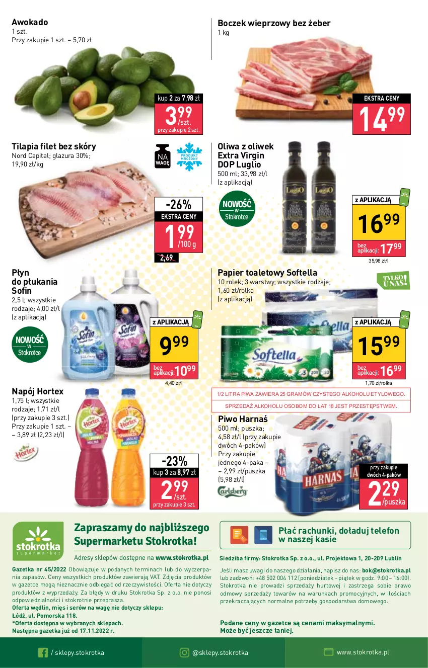 Gazetka promocyjna Stokrotka - Supermarket - ważna 10.11 do 16.11.2022 - strona 20 - produkty: Boczek, Boczek wieprzowy, Dres, Gin, Glazura, Gra, Harnaś, Hortex, JBL, Lazur, Napój, O nas, Oliwa z oliwek, Papier, Papier toaletowy, Piwa, Piwo, Płyn do płukania, Ser, Telefon, Tilapia, Wagi