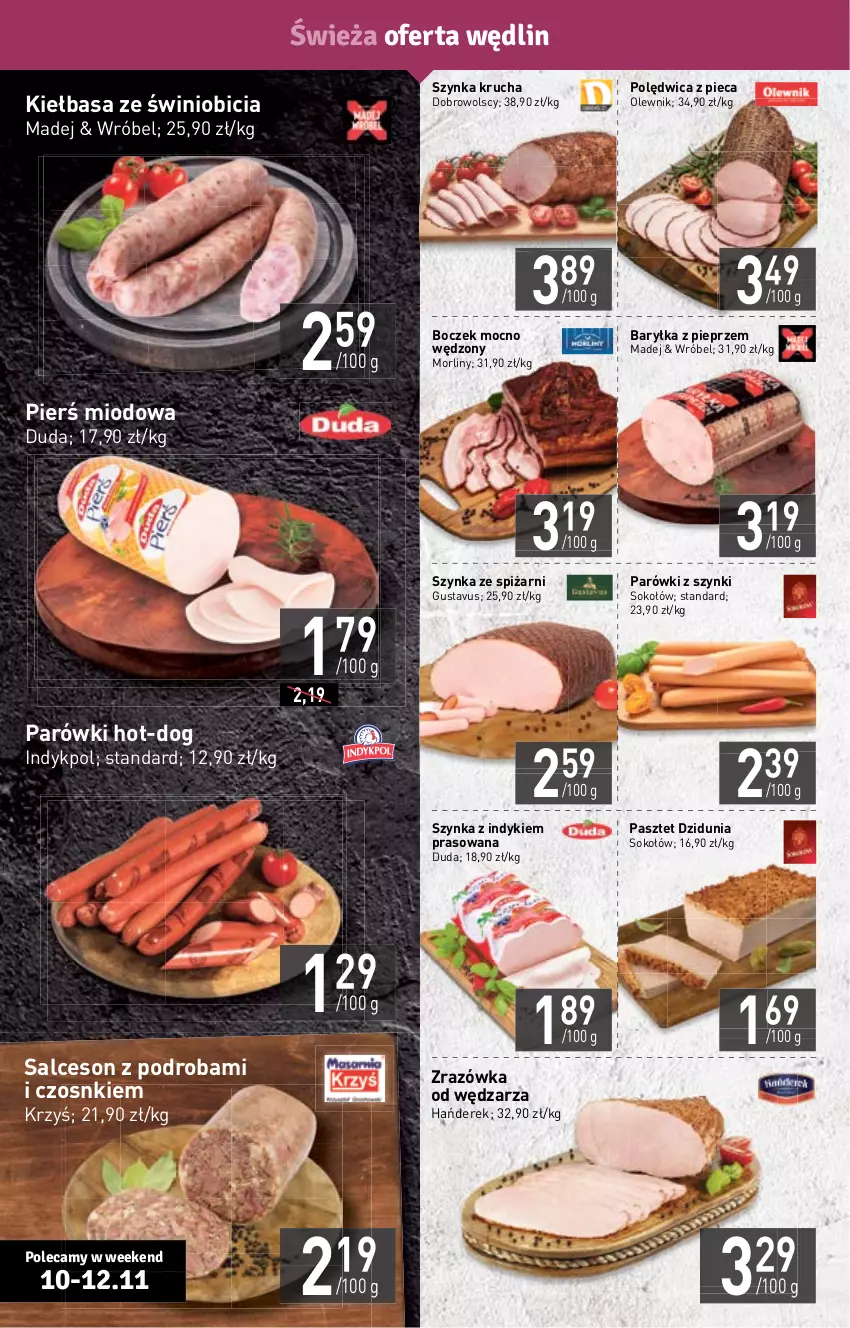 Gazetka promocyjna Stokrotka - Supermarket - ważna 10.11 do 16.11.2022 - strona 4 - produkty: BIC, Boczek, Duda, Kiełbasa, Morliny, Olewnik, Parówki, Parówki z szynki, Pasztet, Piec, Pieprz, Polędwica, Salceson, Sok, Sokołów, Szynka