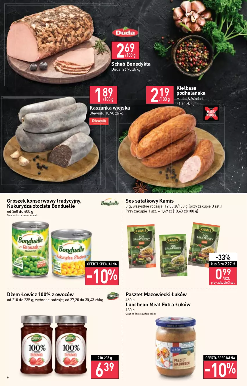 Gazetka promocyjna Stokrotka - Supermarket - ważna 10.11 do 16.11.2022 - strona 6 - produkty: Bonduelle, Duda, Dżem, Groszek, Kamis, Kasza, Kaszanka, Kiełbasa, Kukurydza, Olewnik, Pasztet, Sałat, Schab Benedykta, Ser, Sos