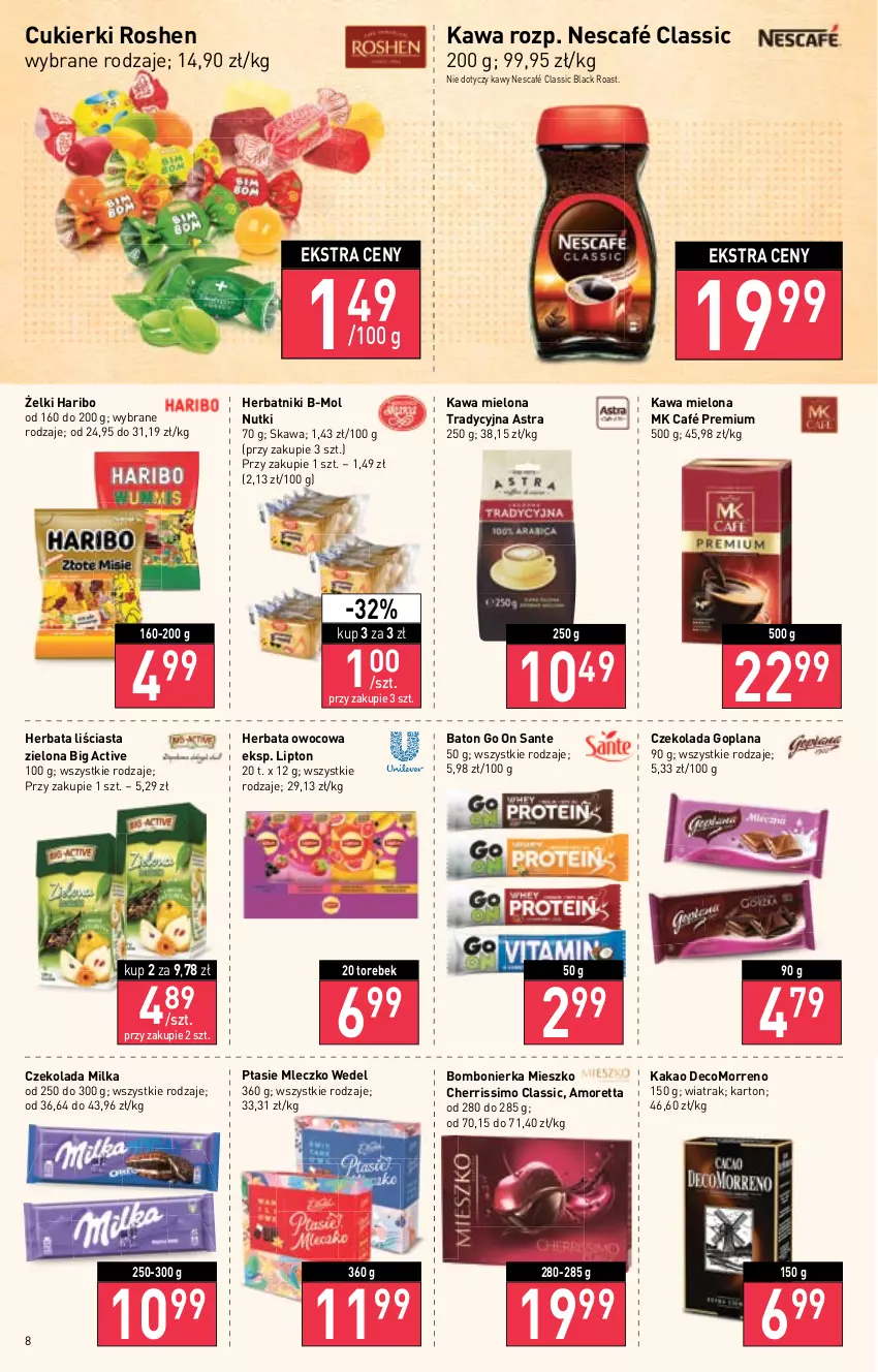 Gazetka promocyjna Stokrotka - Supermarket - ważna 10.11 do 16.11.2022 - strona 8 - produkty: Baton, Cukier, Cukierki, Czekolada, Goplana, Haribo, Herbata, Herbata owocowa, Herbatniki, Kakao, Kawa, Kawa mielona, Lack, LANA, Lipton, Milka, Mleczko, Nescafé, Ptasie mleczko, Sante