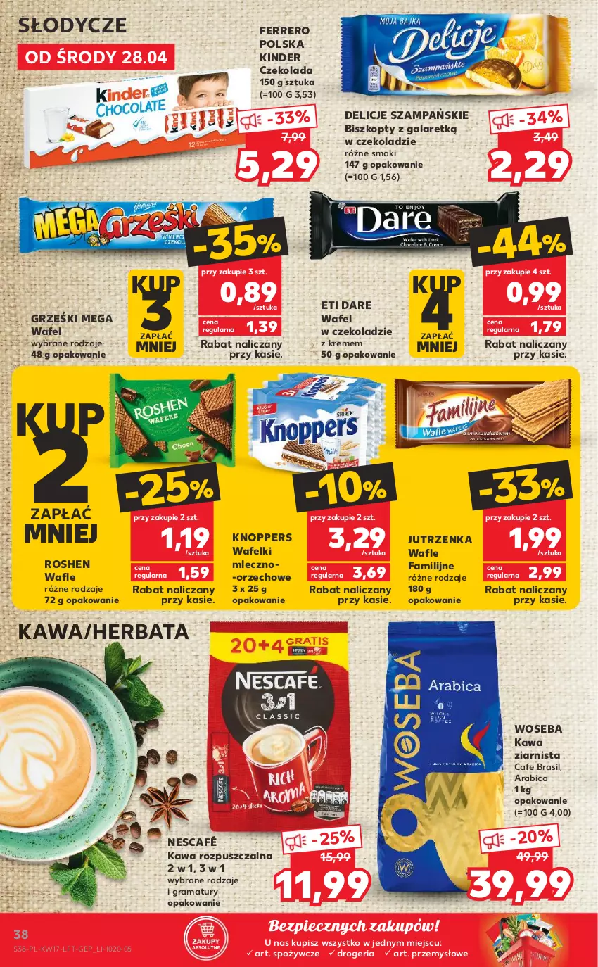 Gazetka promocyjna Kaufland - OFERTA TYGODNIA - ważna 28.04 do 05.05.2021 - strona 38 - produkty: BIC, Biszkopty, Czekolada, Delicje, Fa, Ferrero, Gala, Gra, Grześki, Herbata, Jutrzenka, Kawa, Kawa rozpuszczalna, Kawa ziarnista, Kinder, Knoppers, Nescafé, Piec, Rama, Wafle, Woseba