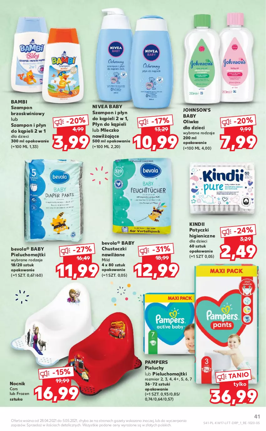 Gazetka promocyjna Kaufland - OFERTA TYGODNIA - ważna 28.04 do 05.05.2021 - strona 41 - produkty: Baby O, Cars, Chusteczki, Dzieci, Frozen, Johnson's, Johnson's Baby, Kindii, Majtki, Mleczko, Nivea, Nivea Baby, Nocnik, Oliwka dla dzieci, Pampers, Pieluchomajtki, Pieluchy, Płyn do kąpieli, Szampon