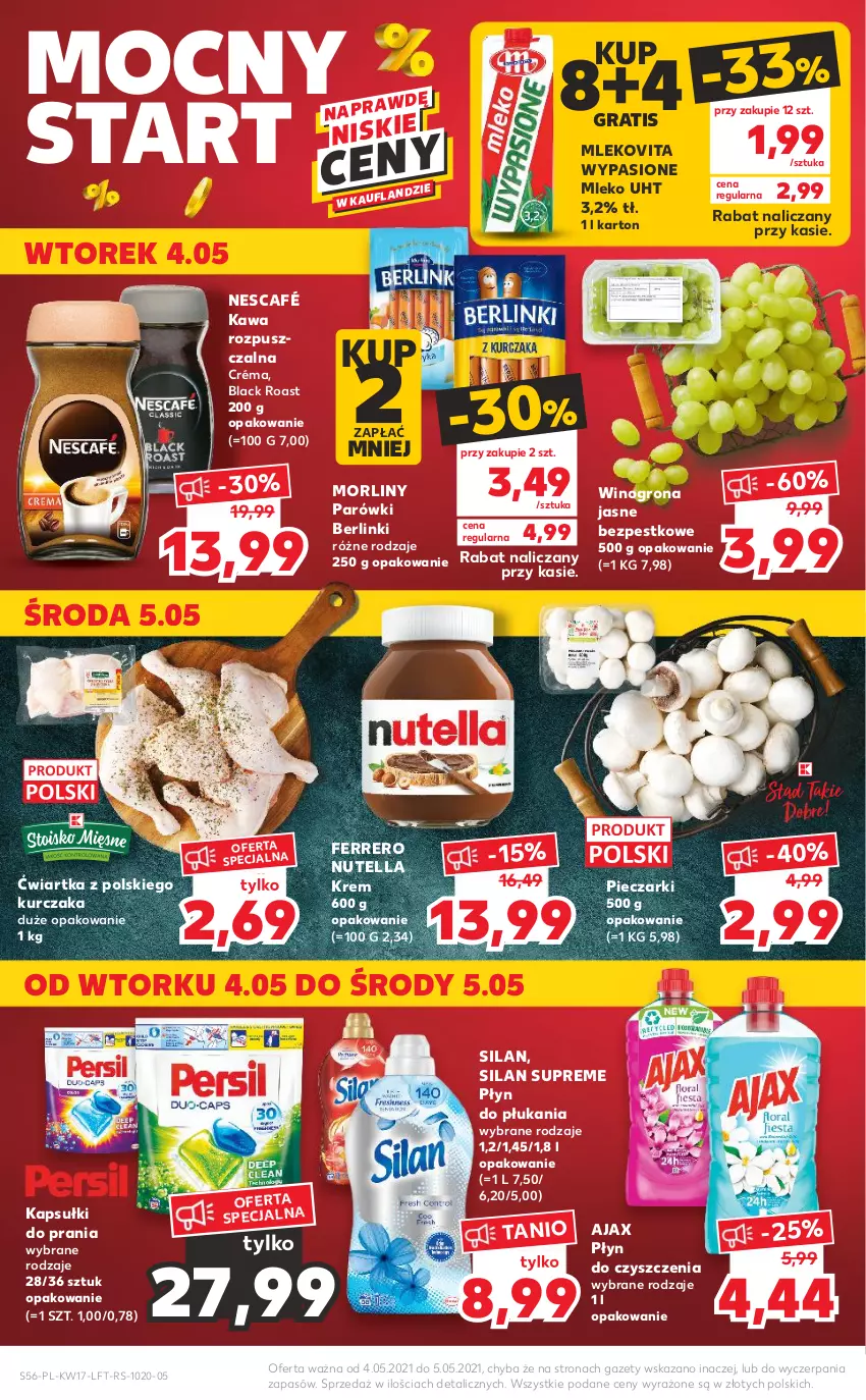 Gazetka promocyjna Kaufland - OFERTA TYGODNIA - ważna 28.04 do 05.05.2021 - strona 56 - produkty: Ajax, Berlinki, Ferrero, Gra, Kapsułki do prania, Kawa, Kawa rozpuszczalna, Kurczak, Lack, Mleko, Mlekovita, Morliny, Nescafé, Nutella, Parówki, Piec, Płyn do płukania, Silan, Wino, Winogrona