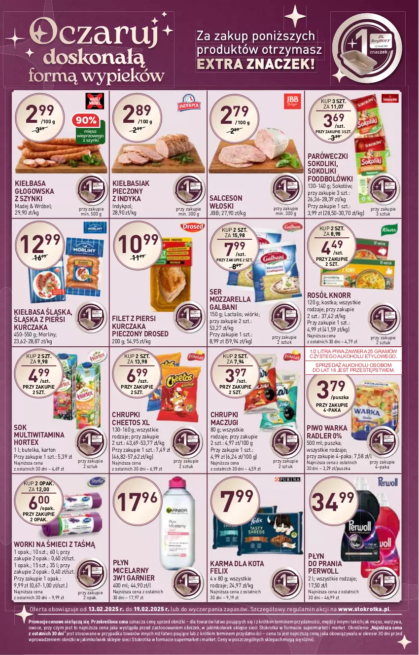 Gazetka promocyjna Stokrotka - Supermarket - ważna 13.02 do 19.02.2025 - strona 22 - produkty: Basia, Cheetos, Chrupki, Felix, Filet z piersi kurczaka, Galbani, Garnier, Gra, Hortex, Kiełbasa, Kiełbasa głogowska, Kiełbasa śląska, Knorr, Kurczak, Morliny, Mozzarella, Perwoll, Piec, Piwa, Piwo, Płyn do prania, Płyn micelarny, Radler, Rosół, Salceson, Ser, Sok, Sokołów, Warka, Worki na śmiec, Worki na śmieci