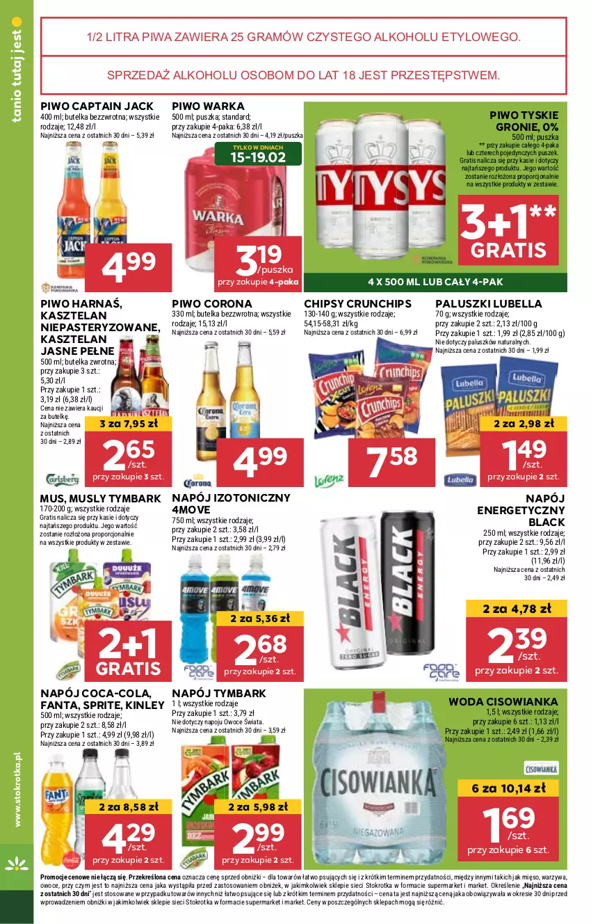 Gazetka promocyjna Stokrotka - Supermarket - ważna 13.02 do 19.02.2025 - strona 28 - produkty: Bell, Bella, Captain Jack, Chipsy, Cisowianka, Coca-Cola, Crunchips, Fa, Fanta, Gra, Harnaś, Kasztelan, Lack, Lubella, Mus, Napój, Napój energetyczny, Napój izotoniczny, Piwa, Piwo, Por, Sprite, Tymbark, Tyskie, Warka, Woda