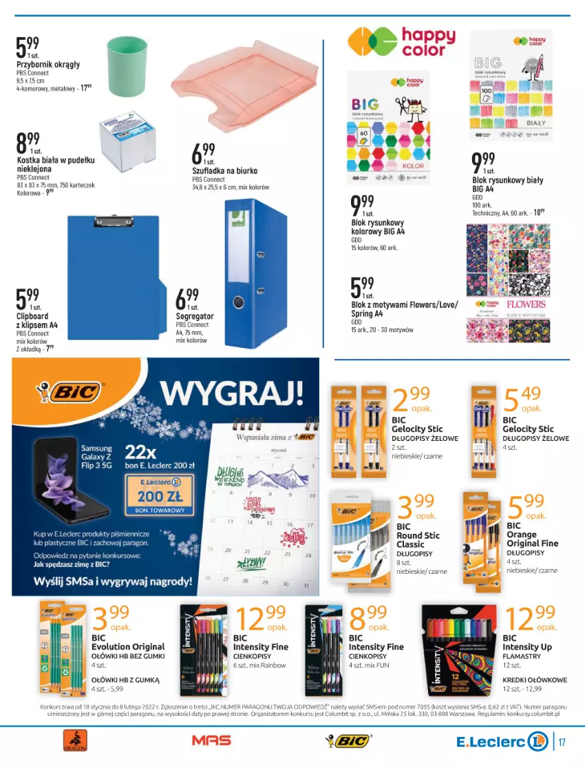 Gazetka promocyjna E Leclerc - ważna 18.01 do 30.01.2022 - strona 17 - produkty: BIC, Biurko, Długopis, Flamastry, Gala, Gin, Gry, Kosz, Samsung, Sok