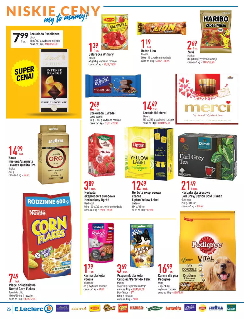 Gazetka promocyjna E Leclerc - ważna 18.01 do 30.01.2022 - strona 26 - produkty: Baton, BIC, Cif, Corn flakes, Czekolada, Danio, Dilmah, Earl Grey, Felix, Gala, Galaretka, Haribo, Herbapol, Herbata, Kawa, Kawa mielona, Lavazza, Lindt, Lion, Lipton, Mars, Merci, Ogród, Pedigree, Przysmak dla kota, Pur, Purina, Vitakraft, Winiary