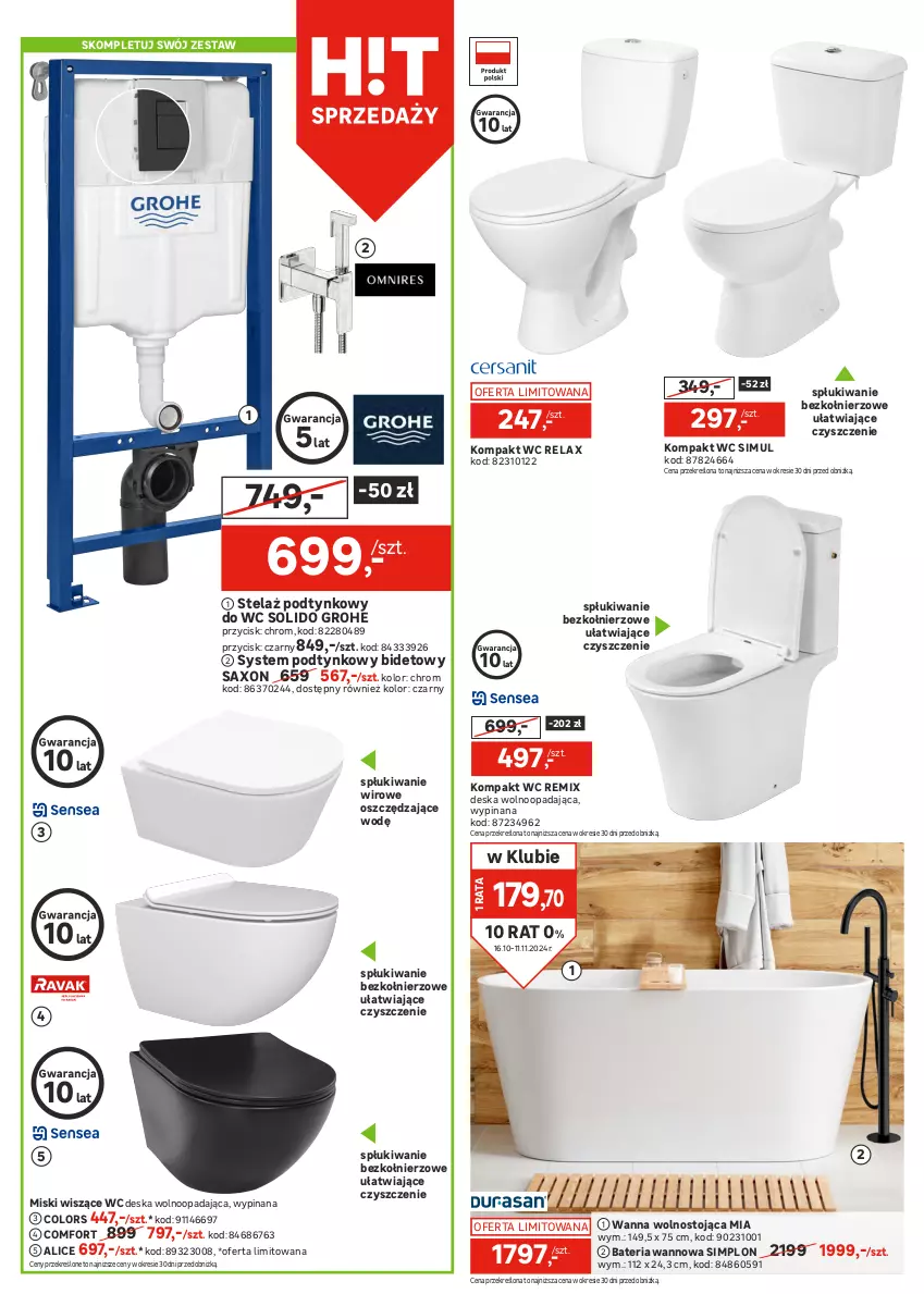 Gazetka promocyjna Leroy Merlin - Gazetka Leroy Merlin - ważna 16.10 do 11.11.2024 - strona 6 - produkty: Bateria, Bateria wannowa, Deska wolnoopadająca, Grohe, Kompakt WC, Miska, Miska wisząca, Wanna, Zestaw podtynkowy WC