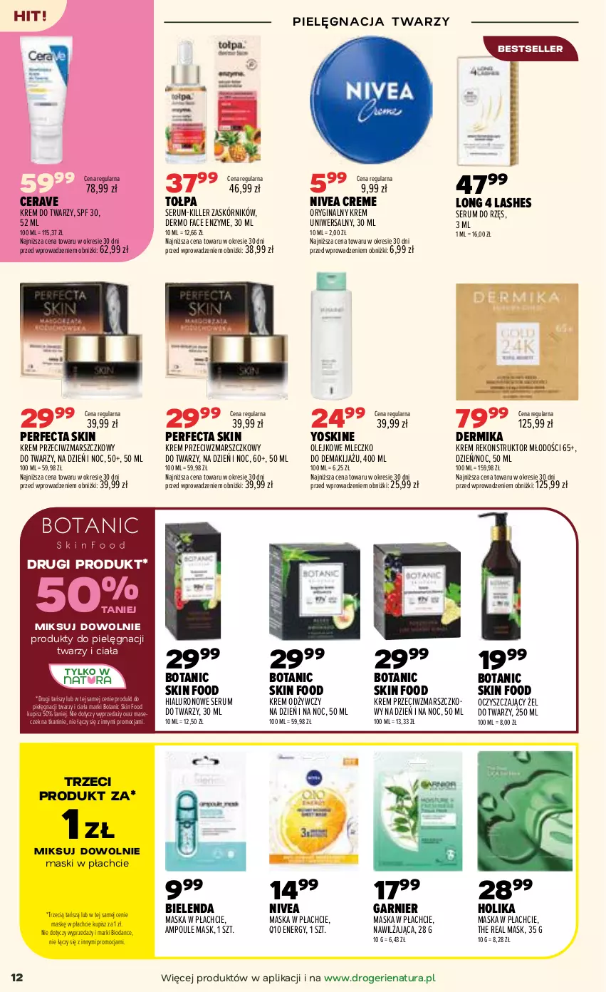 Gazetka promocyjna Drogerie Natura - Gazetka Drogerie Natura - ważna 22.09 do 30.09.2026 - strona 12 - produkty: Bielenda, CeraVe, Dermika, Fa, Garnier, Gin, Krem do twarzy, Krem odżywczy, Krem przeciwzmarszczkowy, Krem uniwersalny, Long 4 Lashes, Makijaż, Mars, Maska, Maska w płachcie, Mleczko, Nivea, Olej, Perfecta, Rum, Ser, Serum, Serum do twarzy, Tołpa, Yoskine