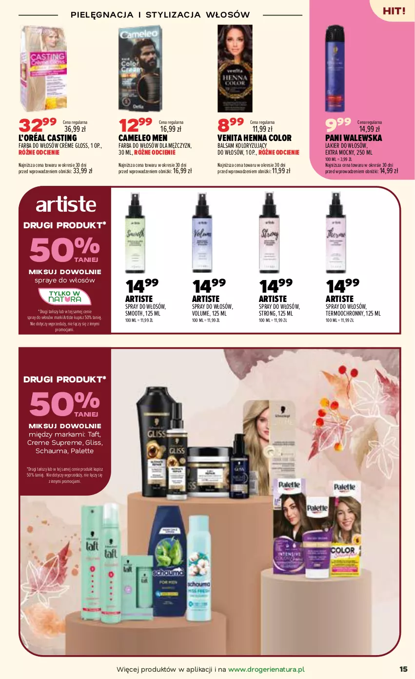 Gazetka promocyjna Drogerie Natura - Gazetka Drogerie Natura - ważna 22.09 do 30.09.2026 - strona 15 - produkty: Eleo, Fa, Farba do włosów, L’Oréal, Lakier, Lakier do włosów, Palette, Schauma, Taft