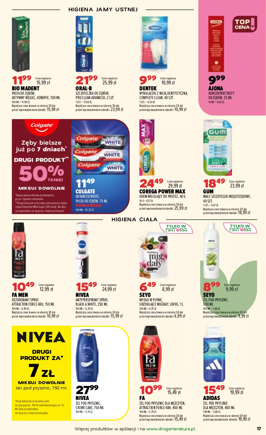 Gazetka promocyjna Drogerie Natura - Gazetka Drogerie Natura - ważna 22.09 do 30.09.2026 - strona 17 - produkty: Adidas, Antyperspirant, Colgate, Corega, Dezodorant, Fa, Higiena jamy ustnej, Lack, LG, Migdały, Mydło, Mydło w płynie, Nivea, Pasta do zębów, Szczoteczka, Szczoteczka do zębów