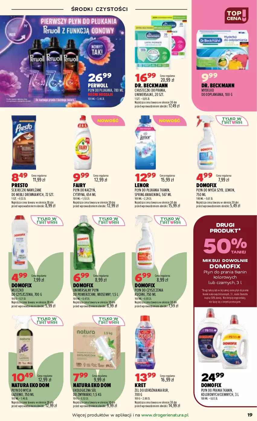 Gazetka promocyjna Drogerie Natura - Gazetka Drogerie Natura - ważna 22.09 do 30.09.2026 - strona 19 - produkty: Chusteczki, Chusteczki do prania, Fa, Fairy, Kret, Lenor, Mleczko, Perwoll, Płyn do mycia, Płyn do płukania, Płyn do prania, Presto, Sól, Zmywarki