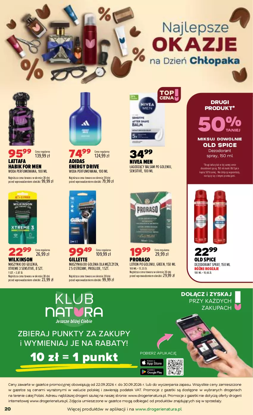 Gazetka promocyjna Drogerie Natura - Gazetka Drogerie Natura - ważna 22.09 do 30.09.2026 - strona 20 - produkty: Adidas, Balsam po goleniu, Dezodorant, Dres, Fa, Gillette, JBL, Maszynka, Maszynka do golenia, Nivea, Nivea Men, Old Spice, Perfum, Szynka, Woda, Woda perfumowana