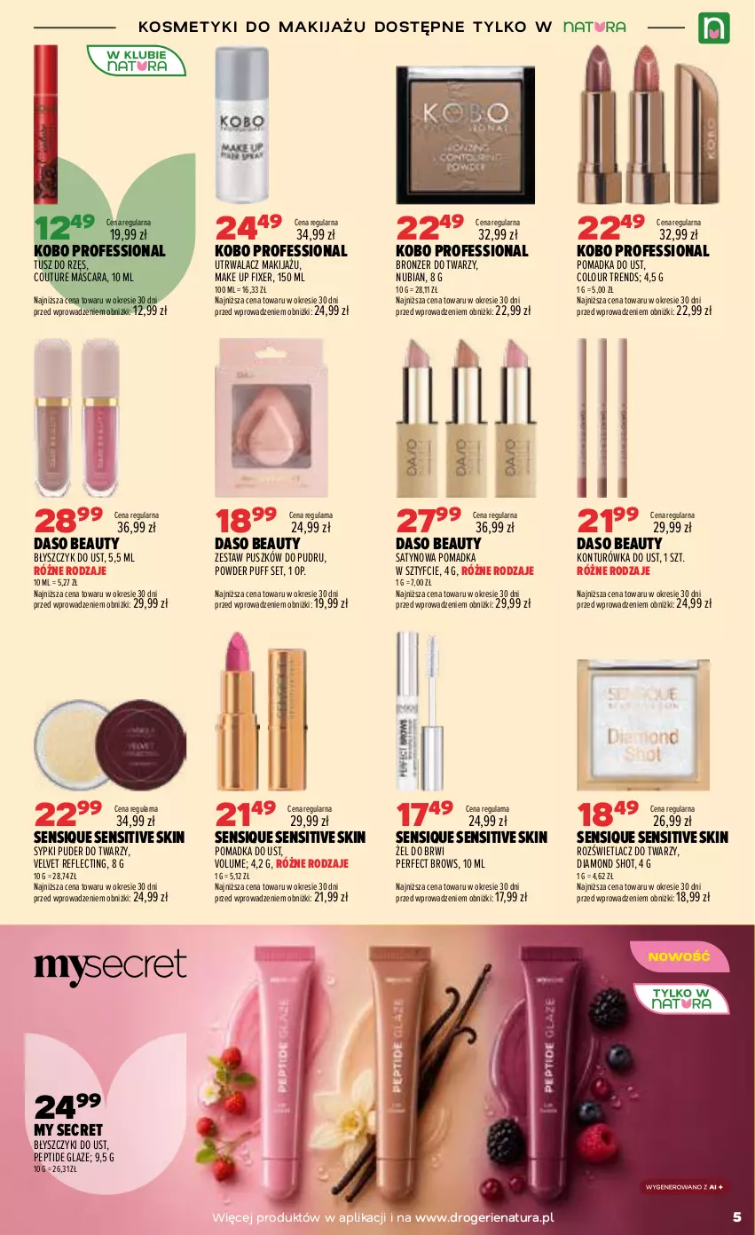 Gazetka promocyjna Drogerie Natura - Gazetka Drogerie Natura - ważna 22.09 do 30.09.2026 - strona 5 - produkty: Błyszczyk do ust, Bronzer, KOBO, Konturówka do ust, Makijaż, Puder, Puder do twarzy, Puf, Rozświetlacz, Tusz, Velvet