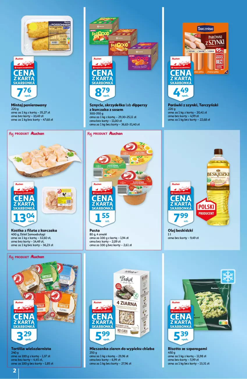 Gazetka promocyjna Auchan - Skarbonka #19 - ważna 12.05 do 18.05.2022 - strona 2 - produkty: Beskidzki, Chleb, Kurczak, Mintaj, Olej, Parówki, Parówki z szynki, Por, Sos, Tarczyński, Tortilla