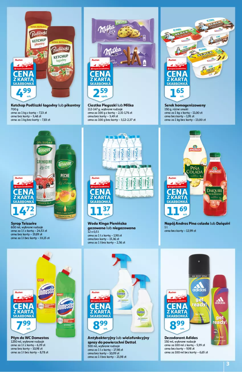 Gazetka promocyjna Auchan - Skarbonka #19 - ważna 12.05 do 18.05.2022 - strona 3 - produkty: Adidas, Body, Ciastka, Dettol, Dezodorant, Domestos, Gra, Ketchup, Milka, Napój, Płyn do wc, Pudliszki, Ser, Serek, Serek homogenizowany, Syrop, Woda