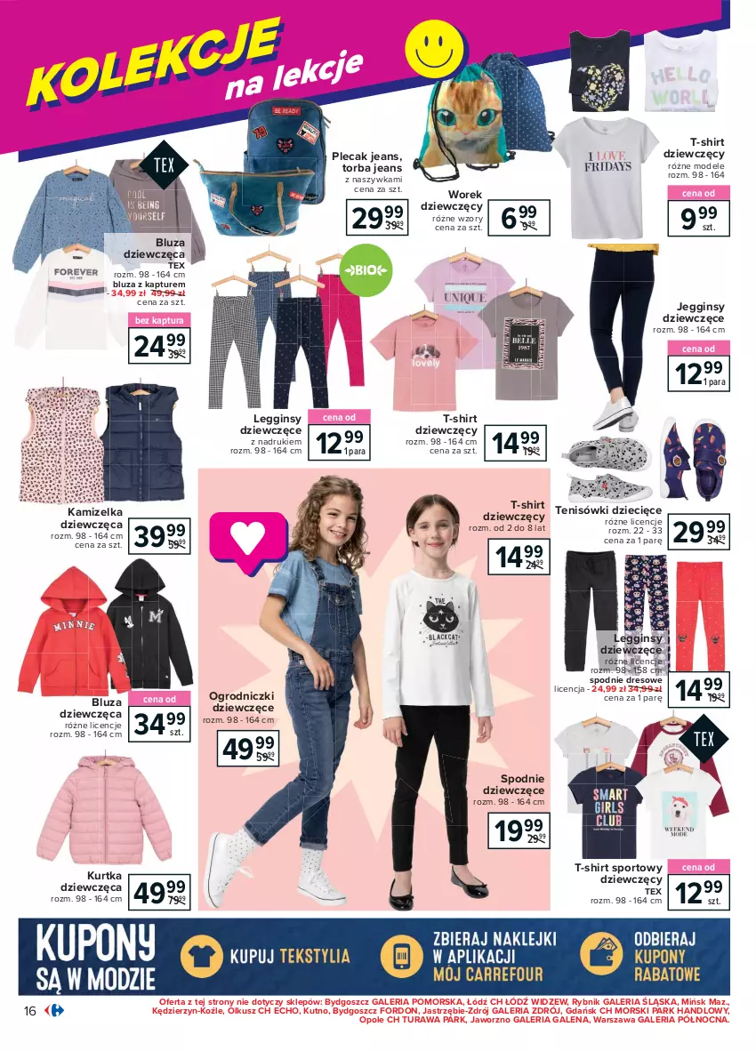 Gazetka promocyjna Carrefour - Gazetka Szkoła modna różnorodna - ważna 16.08 do 04.09.2021 - strona 16 - produkty: Bluza, Bluza z kapturem, Dres, Dzieci, Gin, Kamizelka, Kurtka, Legginsy, Plecak, Por, Spodnie, Spodnie dresowe, Sport, T-shirt, Tenisówki, Torba