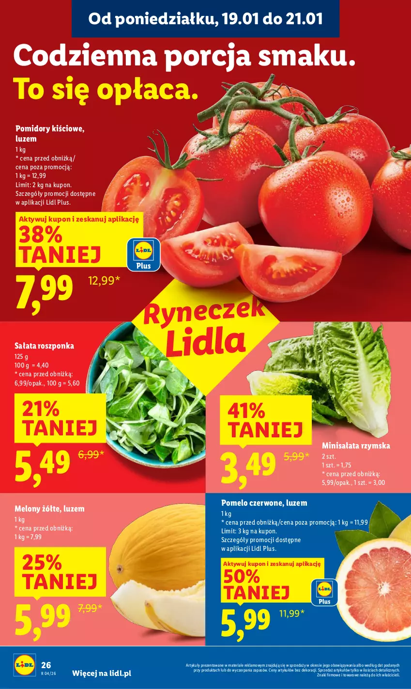 Gazetka promocyjna Lidl - GAZETKA - ważna 19.01 do 21.01.2026 - strona 26 - produkty: Melon, Pomelo, Pomidory, Por, Roszponka, Sałat