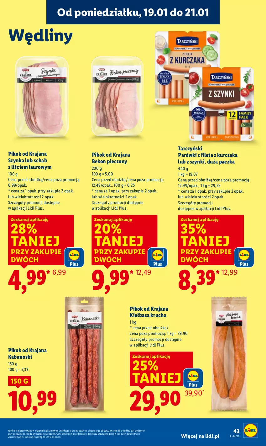 Gazetka promocyjna Lidl - GAZETKA - ważna 19.01 do 21.01.2026 - strona 43 - produkty: Beko, Kabanos, Kiełbasa, Kiełbasa krucha, Kurczak, Laur, Parówki, Piec, PIKOK, Szynka, Tarczyński