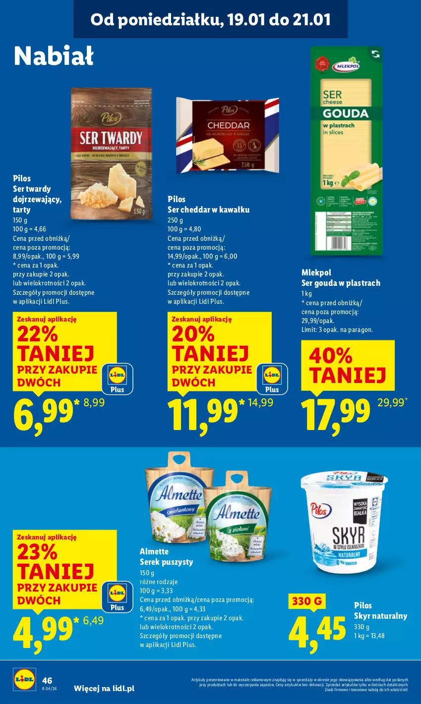 Gazetka promocyjna Lidl - GAZETKA - ważna 19.01 do 21.01.2026 - strona 46 - produkty: Almette, Cheddar, Gouda, Kawa, Pilos, Ser, Serek, Serek puszysty