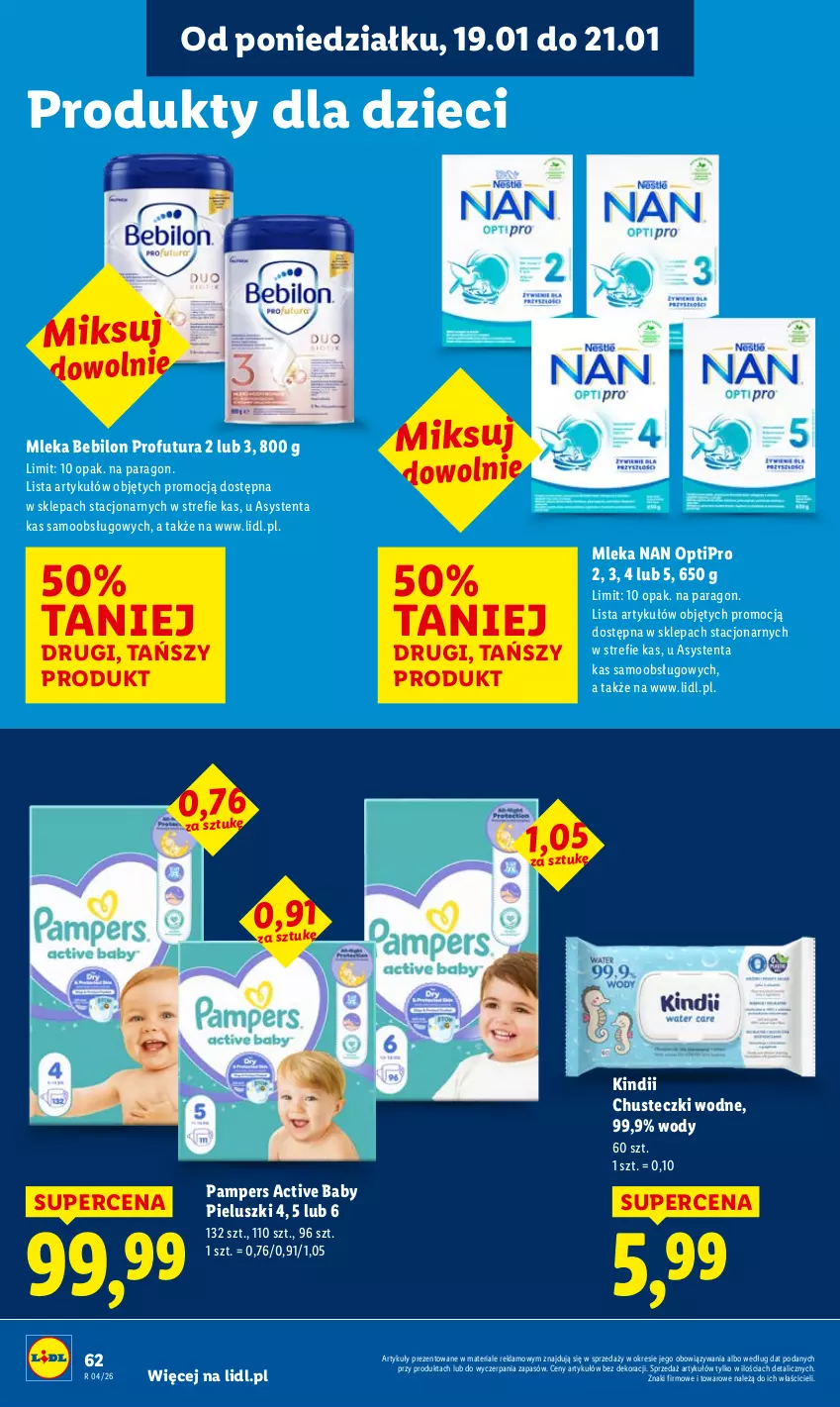 Gazetka promocyjna Lidl - GAZETKA - ważna 19.01 do 21.01.2026 - strona 62 - produkty: BEBILON, Chusteczki, Dzieci, Kindii, NAN Optipro, Pampers