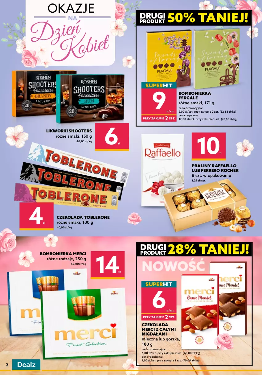 Gazetka promocyjna Dealz - NOWA GAZETKAMega Marki Mini Ceny - ważna 23.02 do 08.03.2022 - strona 2 - produkty: Balsam do ciała, Czekolada, Fa, Ferrero, Ferrero Rocher, Merci, Perfum, Płyn do kąpieli, Praliny, Raffaello, Toblerone, Woda, Woda perfumowana, Woda toaletowa