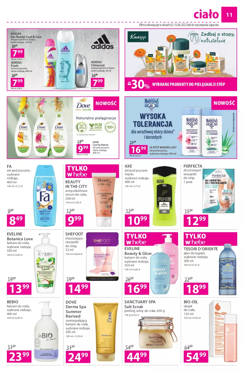 Gazetka promocyjna Hebe - Gazetka - ważna 02.06 do 15.06.2022 - strona 11 - produkty: Balsam do ciała, Bio-Oil, Dove, Eveline, Fa, Karp, Olej, Olejek do ciała, Peeling, Perfecta, Płyn do kąpieli, Rum, Sanctuary Spa, Ser, Serum, Skarpetki