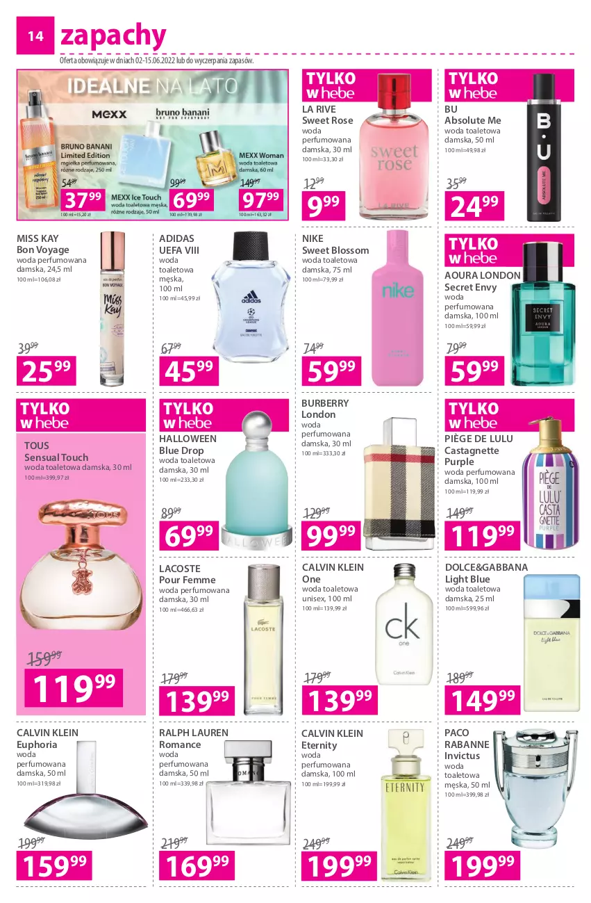 Gazetka promocyjna Hebe - Gazetka - ważna 02.06 do 15.06.2022 - strona 14 - produkty: Absolut, Adidas, Burberry, Calvin Klein, Fa, La Rive, Lacoste, Laur, Nike, Paco Rabanne, Perfum, Pur, Ralph Lauren, Sensual, Woda, Woda perfumowana, Woda toaletowa