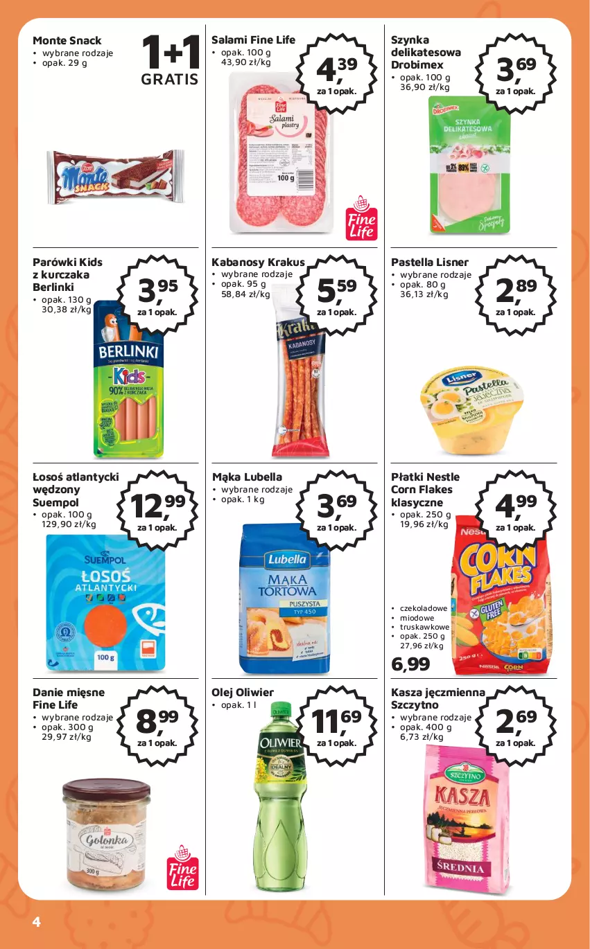 Gazetka promocyjna Odido - Gazetka - ważna 19.05 do 01.06.2023 - strona 4 - produkty: Bell, Bella, Berlinki, Corn flakes, Drobimex, Gra, Kabanos, Kasza, Kasza jęczmienna, Krakus, Kurczak, Lisner, Lubella, Mąka, Monte, Olej, Parówki, Pastella, Salami, Suempol, Szynka, Szynka delikatesowa