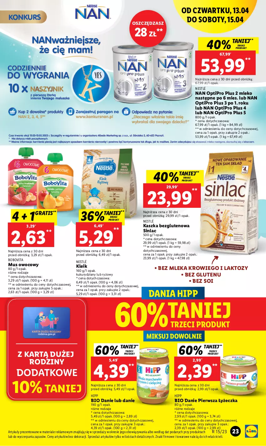 Gazetka promocyjna Lidl - GAZETKA - ważna 13.04 do 15.04.2023 - strona 27 - produkty: BoboVita, Chleb, Gra, HiPP, Hipp Bio, Mleko, Mus, NAN Optipro, Nestlé, O nas, Ryż, Sinlac