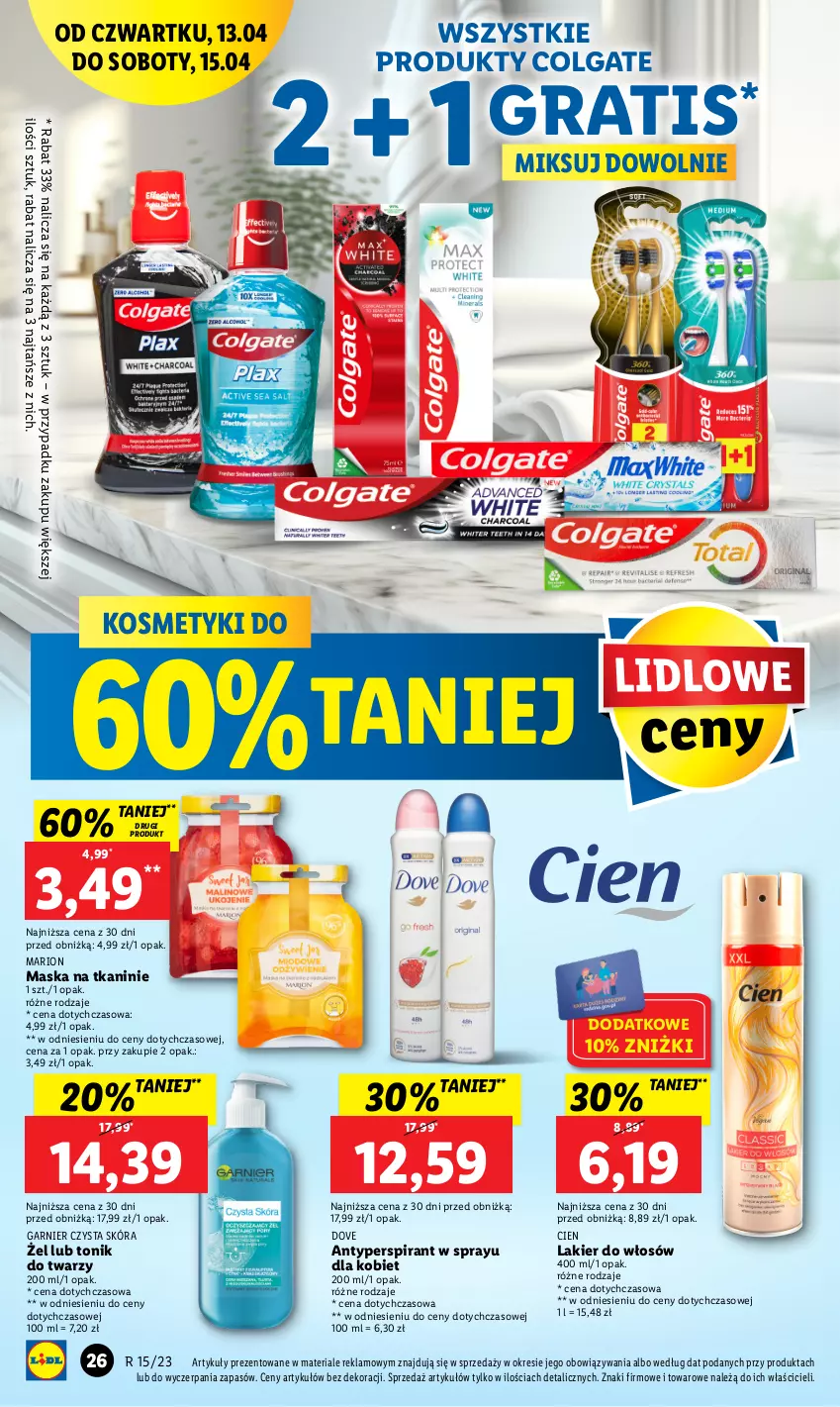 Gazetka promocyjna Lidl - GAZETKA - ważna 13.04 do 15.04.2023 - strona 32 - produkty: Antyperspirant, Colgate, Dove, Garnier, Gra, Lakier, Lakier do włosów, LG, Maska, Tonik, Tonik do twarzy