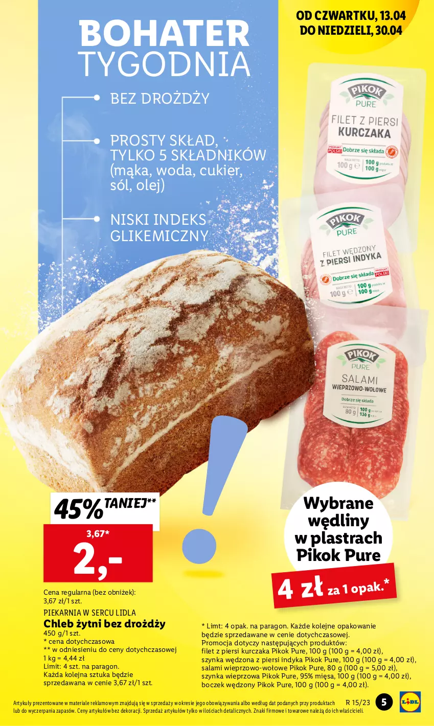 Gazetka promocyjna Lidl - GAZETKA - ważna 13.04 do 15.04.2023 - strona 5 - produkty: Boczek, Chleb, Cukier, Filet z piersi kurczaka, Kurczak, Mąka, Olej, PIKOK, Pur, Salami, Ser, Sól, Szynka, Szynka wieprzowa, Woda