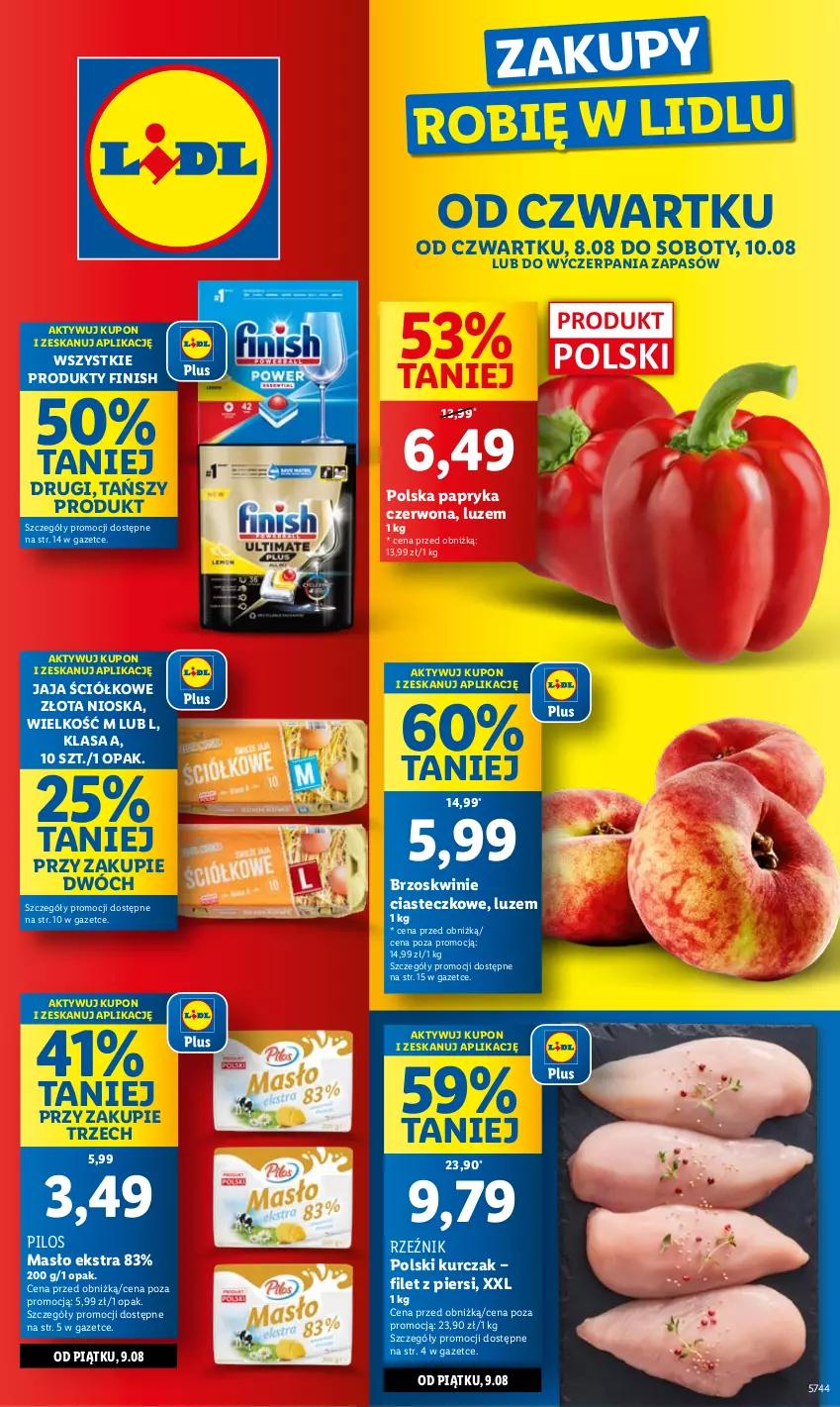 Gazetka promocyjna Lidl - GAZETKA - ważna 08.08 do 10.08.2024 - strona 1 - produkty: Brzoskwinie, Finish, Jaja, Kurczak, Masło, Papryka, Papryka czerwona, Pilos