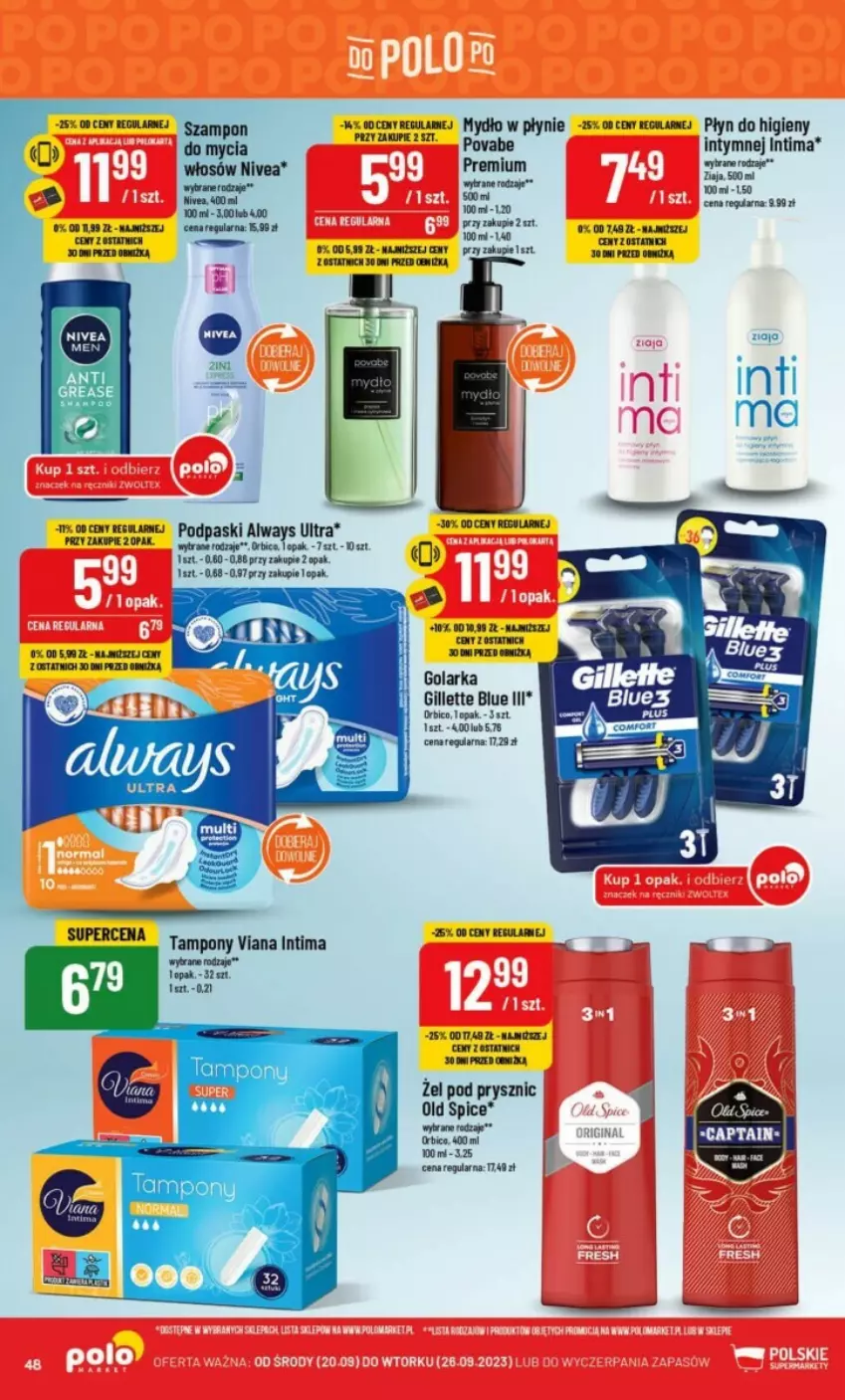 Gazetka promocyjna PoloMarket - ważna 20.09 do 26.09.2023 - strona 43 - produkty: BIC, Gillette, Golarka, Nivea, Old Spice, Tampony, Ziaja