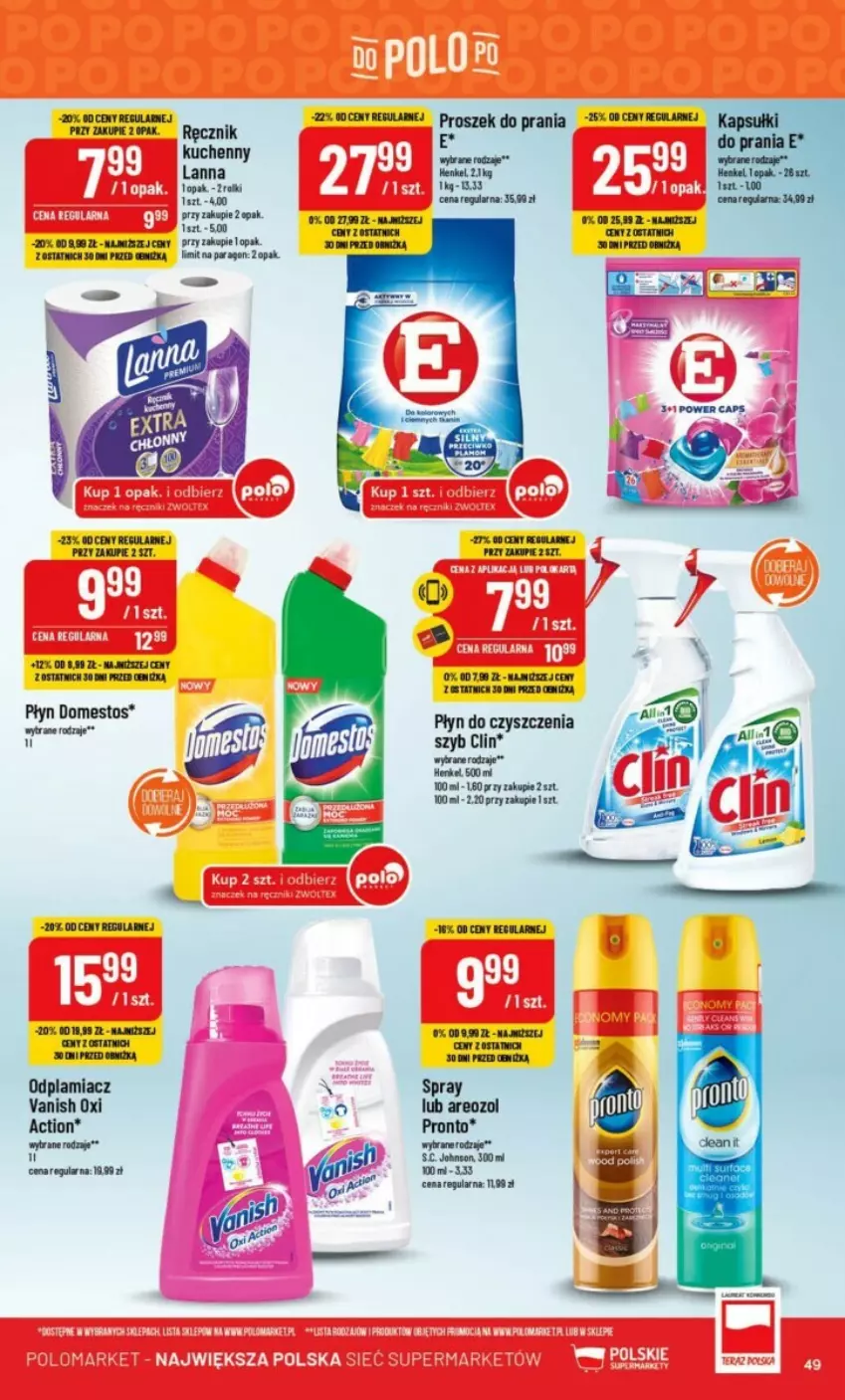 Gazetka promocyjna PoloMarket - ważna 20.09 do 26.09.2023 - strona 44 - produkty: Clin, Domestos, Odplamiacz, Por, Pronto, Proszek do prania, Ręcznik, Rolki, Vanish