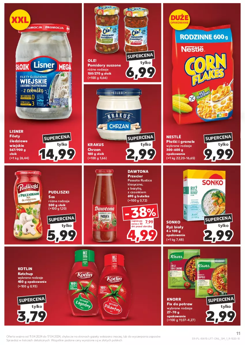 Gazetka promocyjna Kaufland - Gazetka tygodnia - ważna 11.04 do 17.04.2024 - strona 11 - produkty: Bazyl, Chrzan, Dawtona, Gra, Ketchup, Knorr, Kotlin, Krakus, Lisner, Nestlé, Ole!, Pomidory, Pudliszki, Rust, Ryż, Ryż biały, Sonko, Sos