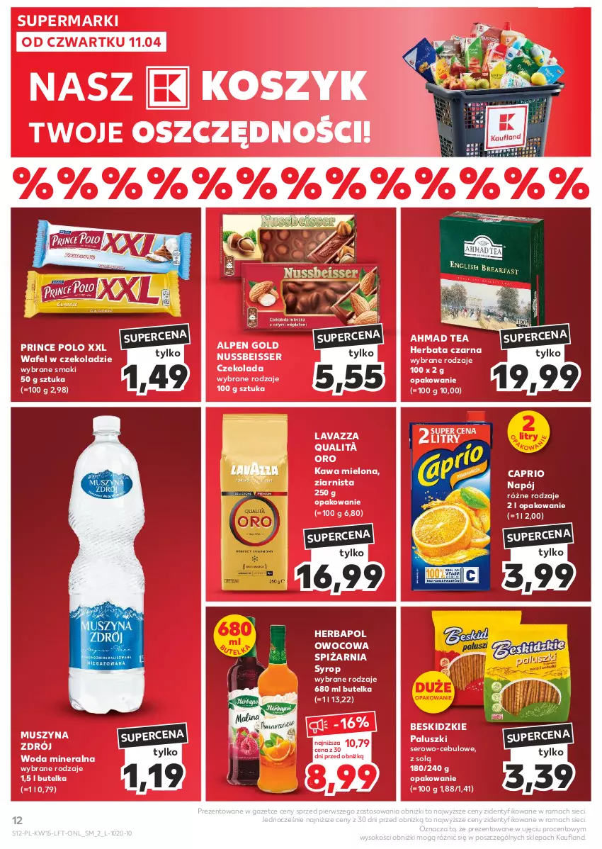 Gazetka promocyjna Kaufland - Gazetka tygodnia - ważna 11.04 do 17.04.2024 - strona 12 - produkty: Beskidzki, Beskidzkie paluszki, Czekolada, Herbapol, Herbata, Herbata czarna, Kawa, Kawa mielona, Kosz, Lavazza, Mus, Napój, Prince Polo, Rama, Ser, Sok, Syrop, Szyna, Woda, Woda mineralna