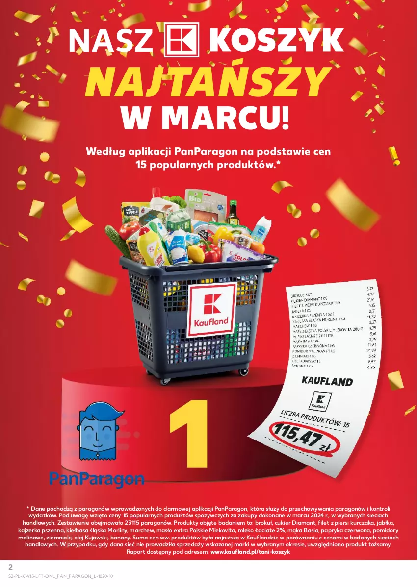 Gazetka promocyjna Kaufland - Gazetka tygodnia - ważna 11.04 do 17.04.2024 - strona 2 - produkty: Banany, Basia, Cukier, Diamant, Dres, Jabłka, Kajzerka, Kajzerka pszenna, Kiełbasa, Kiełbasa śląska, Kosz, Kujawski, Kurczak, Mąka, Masło, Mleko, Mlekovita, Morliny, Olej, Papryka, Papryka czerwona, Pomidory, Por, Ziemniaki