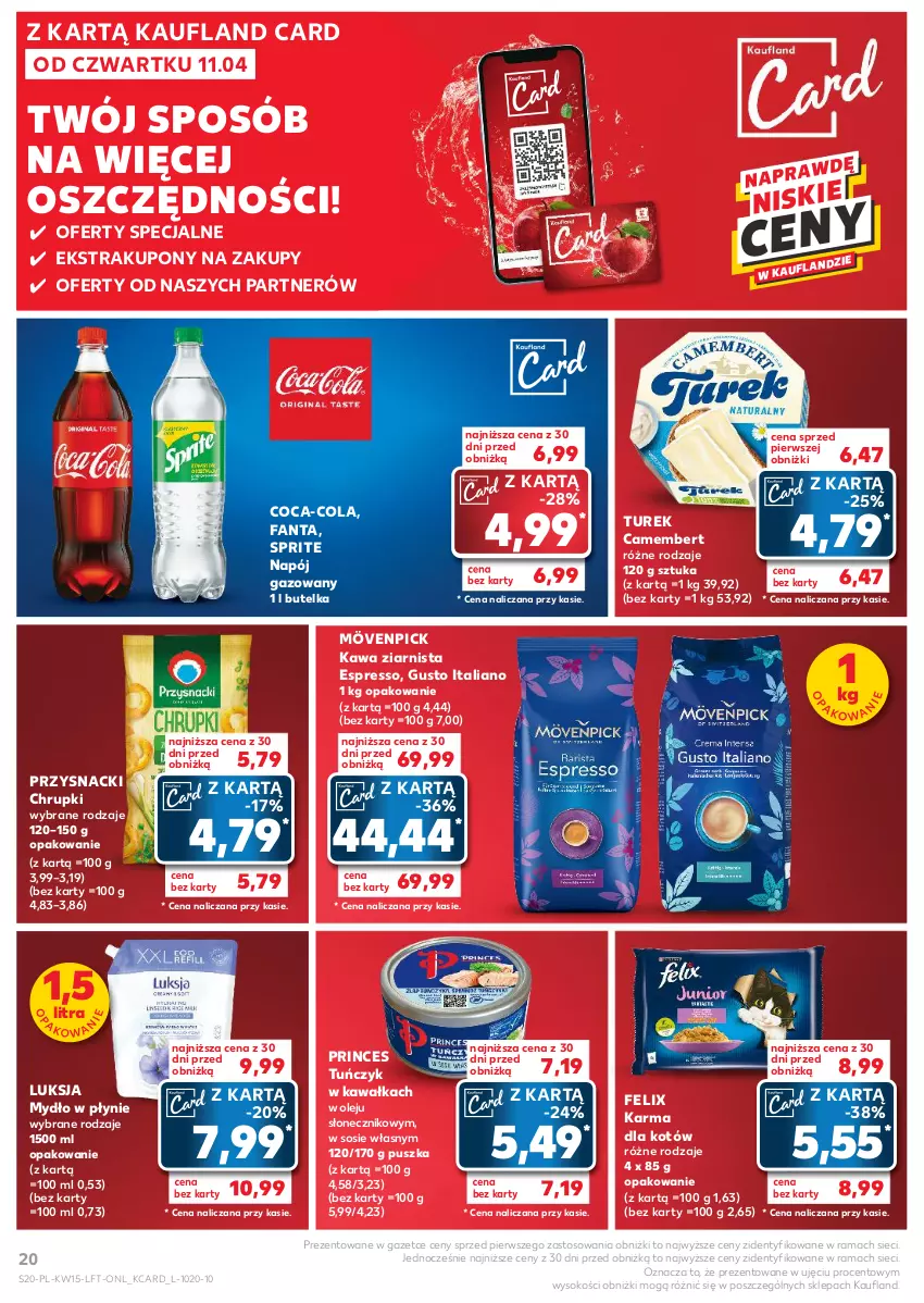 Gazetka promocyjna Kaufland - Gazetka tygodnia - ważna 11.04 do 17.04.2024 - strona 20 - produkty: Camembert, Chrupki, Coca-Cola, Fa, Fanta, Felix, Kawa, Kawa ziarnista, Luksja, Mydło, Mydło w płynie, Napój, Napój gazowany, Olej, Przysnacki, Rama, Sok, Sos, Sprite, Tuńczyk