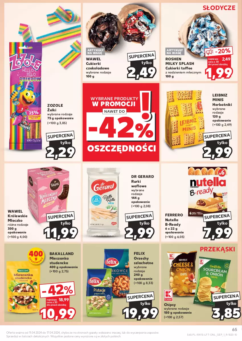 Gazetka promocyjna Kaufland - Gazetka tygodnia - ważna 11.04 do 17.04.2024 - strona 65 - produkty: Bakalland, Chipsy, Cukier, Cukierki, Cukierki czekoladowe, Dr Gerard, Felix, Ferrero, Herbatniki, Królewski, Królewskie Mleczko, Mieszanka studencka, Mleczko, Nutella, Rurki, Wawel