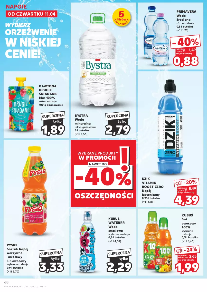 Gazetka promocyjna Kaufland - Gazetka tygodnia - ważna 11.04 do 17.04.2024 - strona 68 - produkty: Dawtona, Kubuś, Kubuś Waterrr, LANA, Mus, Napój, Napój izotoniczny, Napoje, Prima, Primavera, Sok, Woda, Woda mineralna