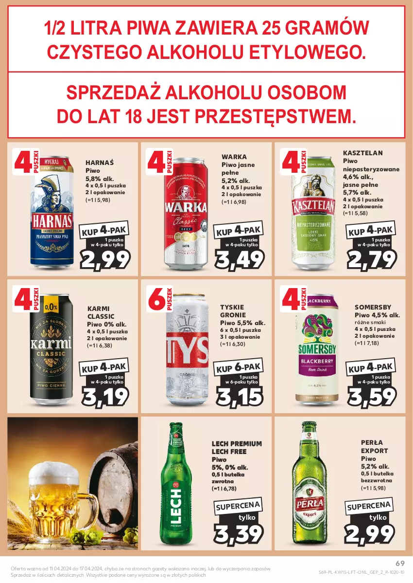 Gazetka promocyjna Kaufland - Gazetka tygodnia - ważna 11.04 do 17.04.2024 - strona 69 - produkty: Gra, Harnaś, Karmi, Kasztelan, Lech Premium, Perła, Piwa, Piwo, Piwo jasne, Por, Somersby, Tyskie, Warka