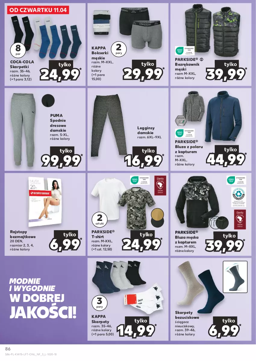 Gazetka promocyjna Kaufland - Gazetka tygodnia - ważna 11.04 do 17.04.2024 - strona 86 - produkty: Bluza, Bokserki, Coca-Cola, Dres, Gin, Karp, Legginsy, Parkside, Puma, Rajstopy, Ser, Skarpetki, Spodnie, Spodnie dresowe, T-shirt, Top