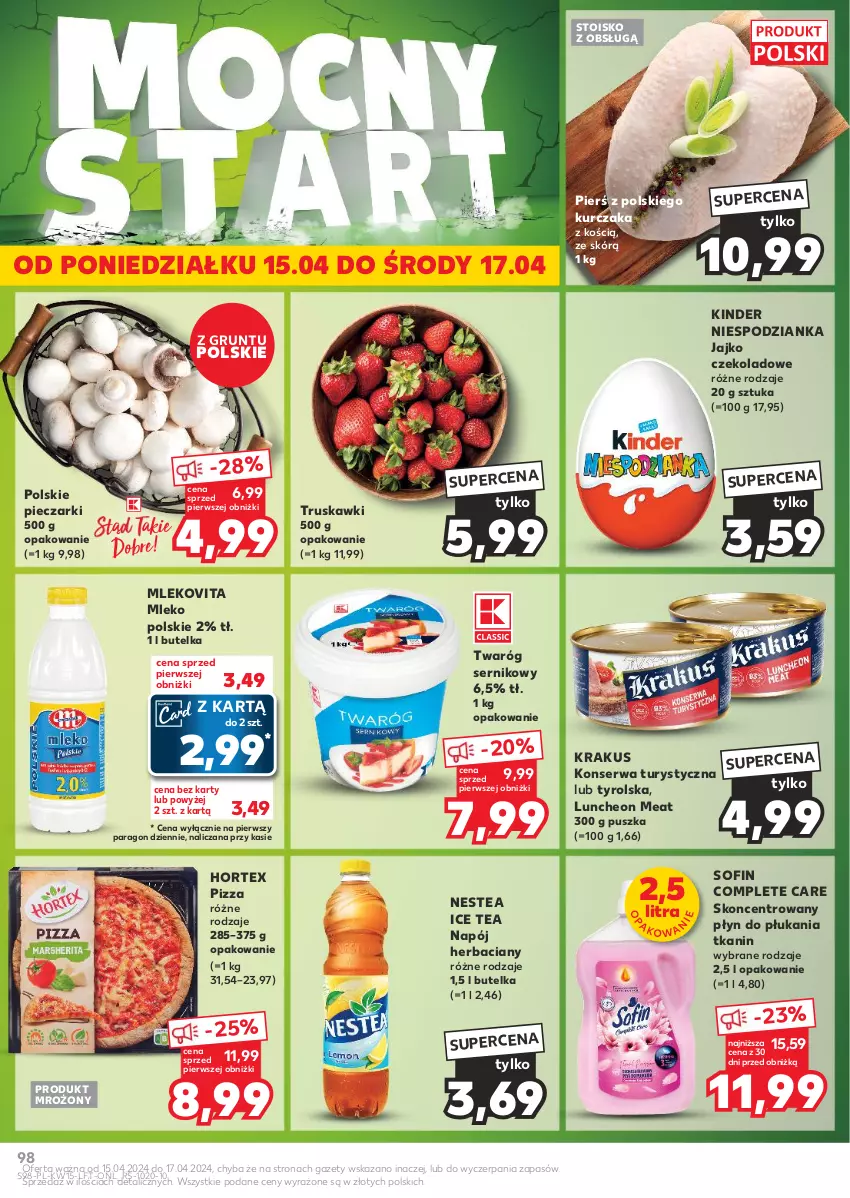 Gazetka promocyjna Kaufland - Gazetka tygodnia - ważna 11.04 do 17.04.2024 - strona 98 - produkty: Grunt, Hortex, Ice tea, Kinder, Konserwa turystyczna, Krakus, Kurczak, Mleko, Mlekovita, Napój, Nestea, Piec, Pizza, Płyn do płukania, Ser, Truskawki, Twaróg