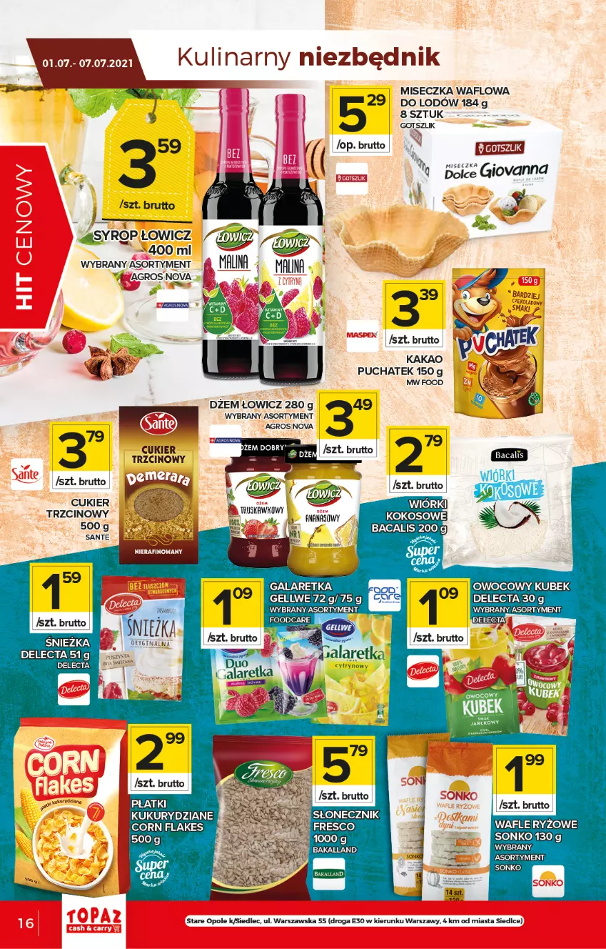 Gazetka promocyjna Topaz - Gazetka - ważna 01.07 do 07.07.2021 - strona 16 - produkty: Bakalland, Corn flakes, Cukier, Delecta, Dżem, Gala, Galaretka, Gin, Kakao, Kubek, Miseczka, Ryż, Sante, Sonko, Syrop, Wafle