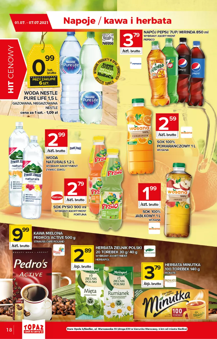 Gazetka promocyjna Topaz - Gazetka - ważna 01.07 do 07.07.2021 - strona 18 - produkty: 7up, Herbata, Kawa, Kawa mielona, Mirinda, Napój, Pepsi, Pur, Sok, Woda, Wosana