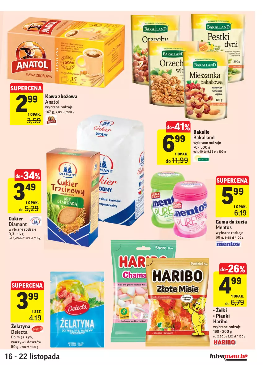 Gazetka promocyjna Intermarche - Gazetka promocyjna - ważna 16.11 do 22.11.2021 - strona 27 - produkty: Bakalland, Cukier, Delecta, Deser, Diamant, Guma do żucia, Haribo, Kawa, Kawa zbożowa, Mentos, Ser, Top