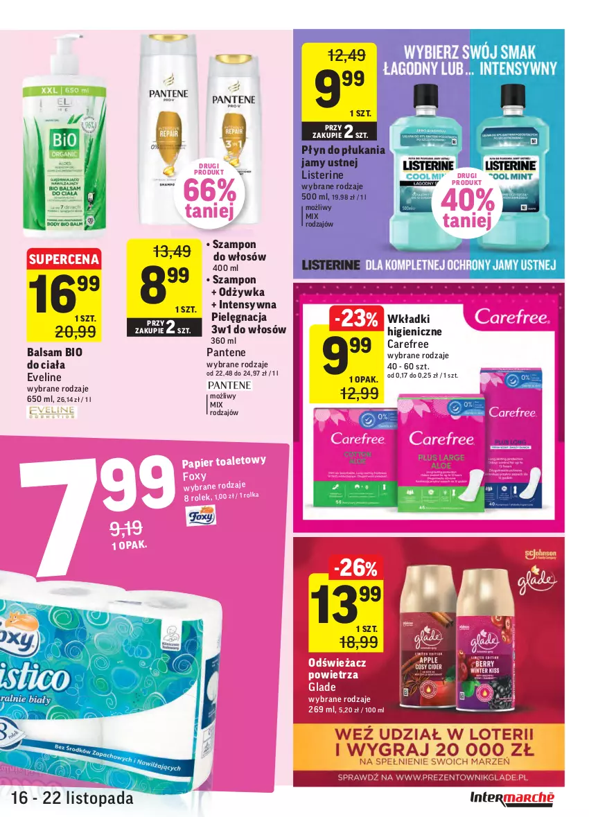 Gazetka promocyjna Intermarche - Gazetka promocyjna - ważna 16.11 do 22.11.2021 - strona 33 - produkty: Carefree, Eveline, Foxy, Listerine, Odświeżacz powietrza, Odżywka, Pantene, Papier, Płyn do płukania, Płyn do płukania jamy ustnej, Szampon, Top, Wkładki